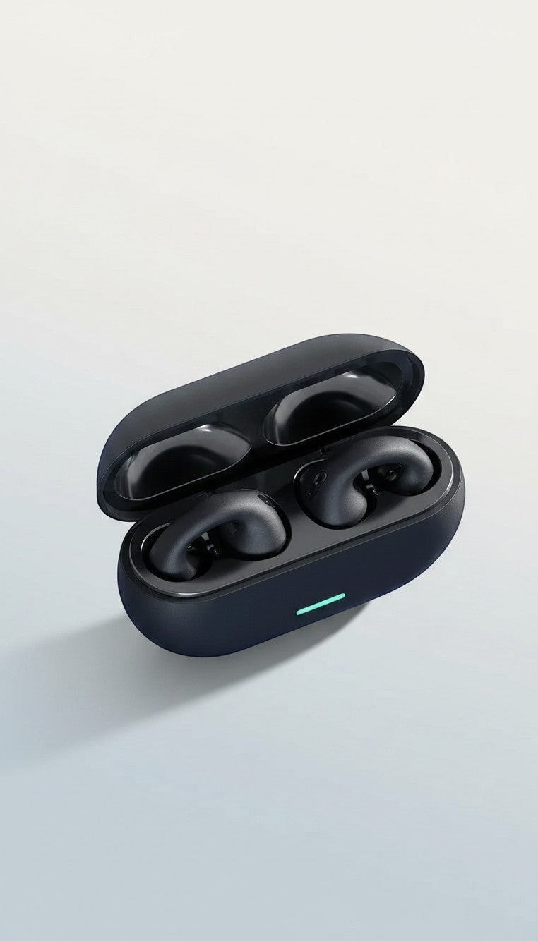 Evo Earbuds black open-ear clip-on earbuds inside a sleek charging case with a glowing indicator light