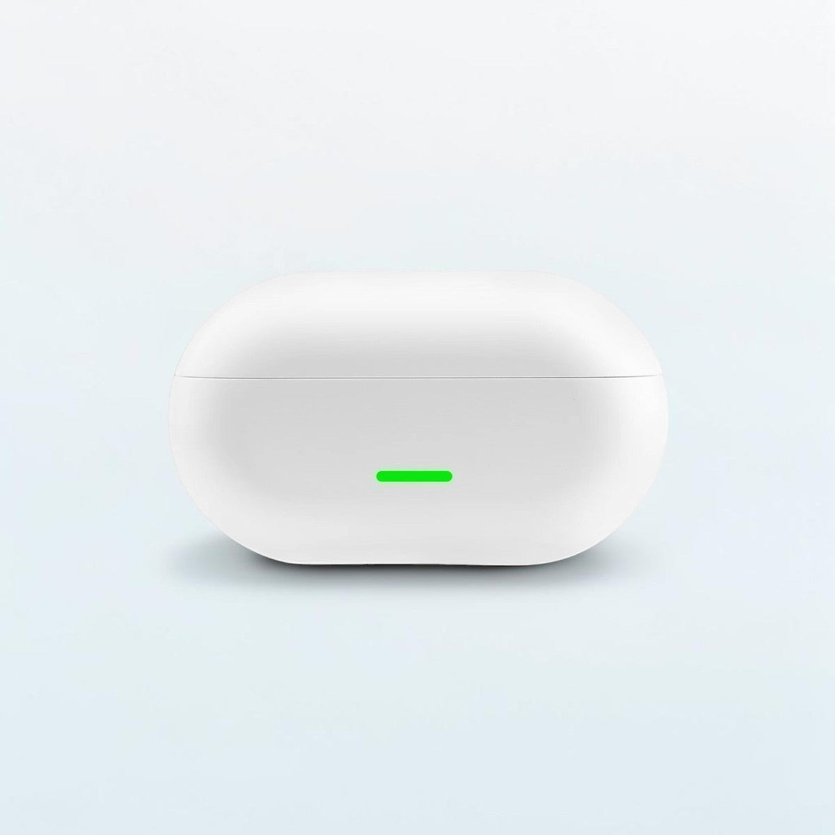Evo Earbuds white charging case with a glowing green LED indicator light on a clean background